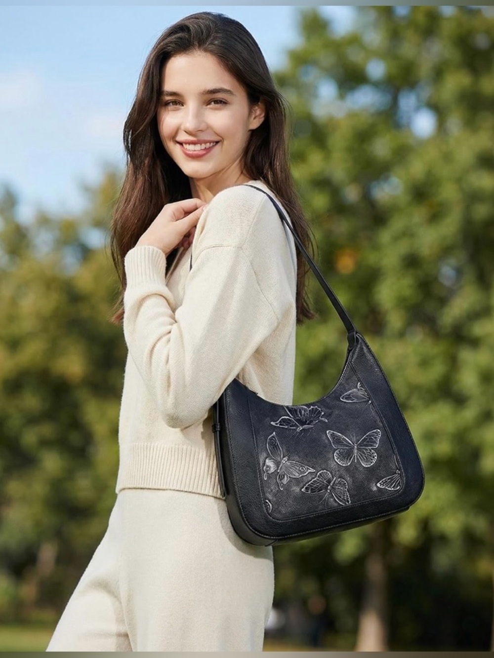 Cruelty Free VEGAN LEATHER Black BUTTERFLIES Butterfly Shoulder bag Purse boho - Picture 2 of 6